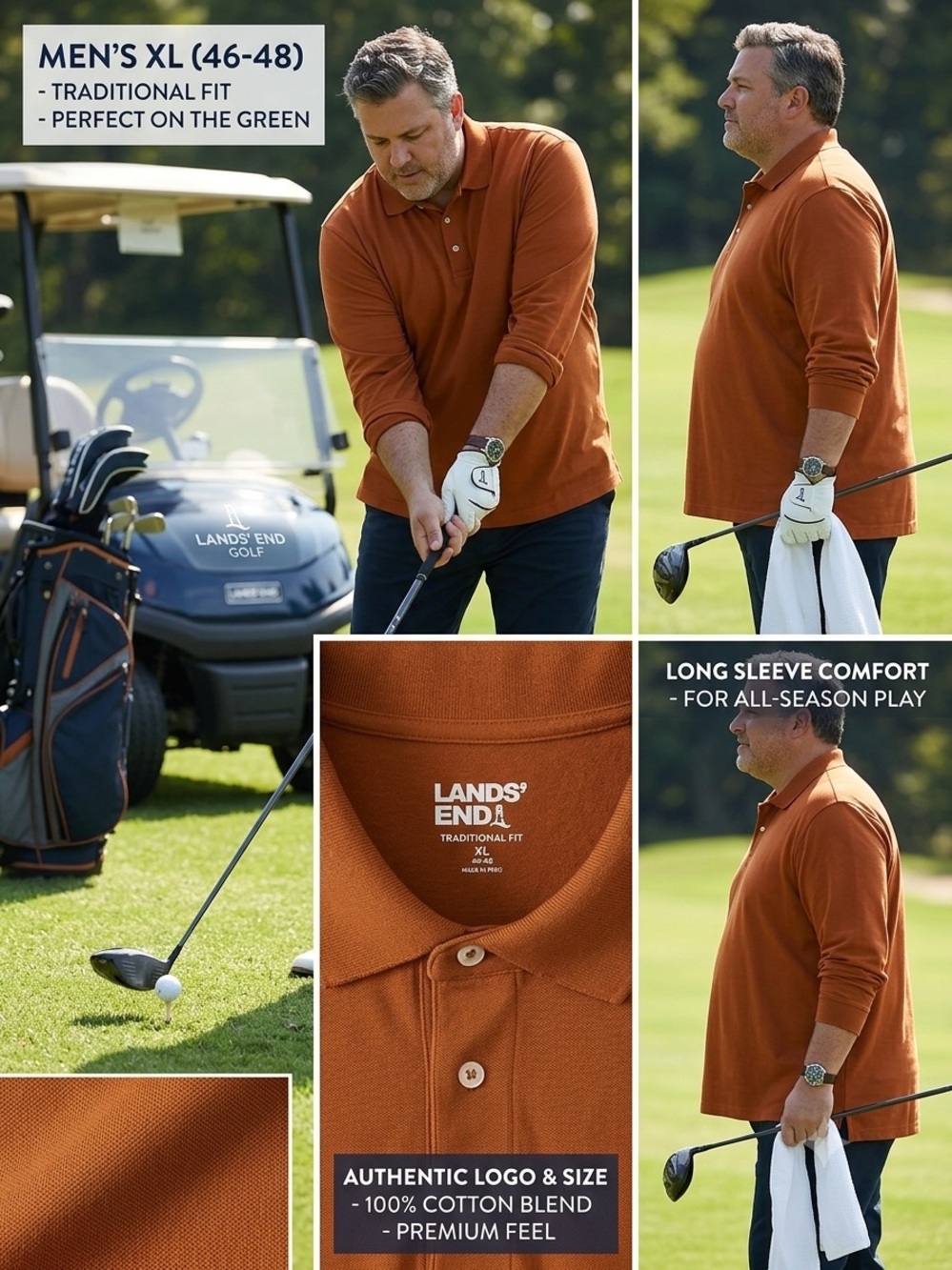 Lands End Polo Long Sleeve Shirt Mens XL 46/48 Rust Burnt Orange Cotton Blend
